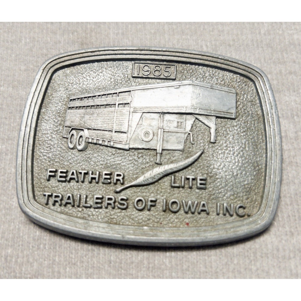 Vintage Silver 1985 Feather Lite‎ Trailers Of Iowa Belt Buckle Western Farming